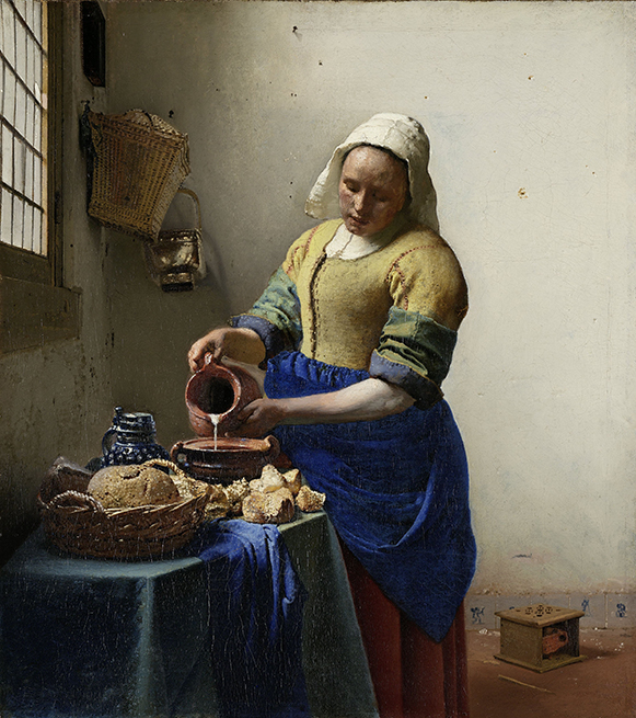 Johannes Vermeer, Die Milchmagd, um 1660, Rijksmuseum, Amsterdam. Ist es wirklich eine Milchmagd? Oder eher ein Küchenmädchen. Erfahren Sie mehr darüber auf einer privaten Tour.