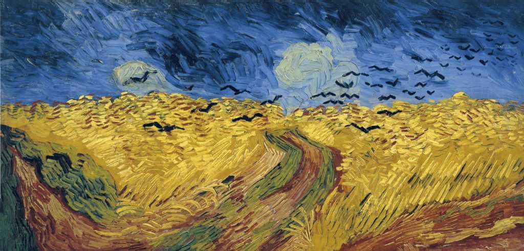 Vincent van Gogh (1853 - 1890), Auvers-sur-Oise, juli 1890, Korenveld met kraaien, olieverf op doek, 50.5 cm x 103 cm., Van Gogh Museum, Amsterdam. Vincent van Gogh (1853 - 1890), Auvers-sur-Oise, Juli 1890, Weizenfeld mit Krähen, Öl auf Leinwand, 50,5 cm x 103 cm, Van Gogh Museum, Amsterdam.